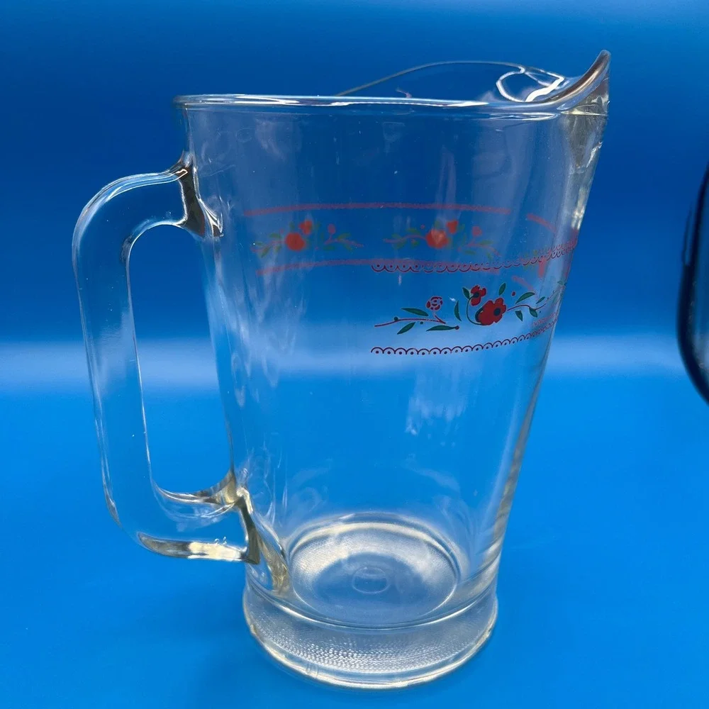 Vintage Glass Pitcher and 5 Tumbler Set Red Floral Vine Scallop Clear 6pc Set